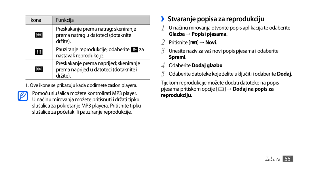 Samsung YP-G70CW/TRA, YP-G70CB/TRA ››Stvaranje popisa za reprodukciju, Glazba → Popisi pjesama, Pritisnite → Novi, Spremi 