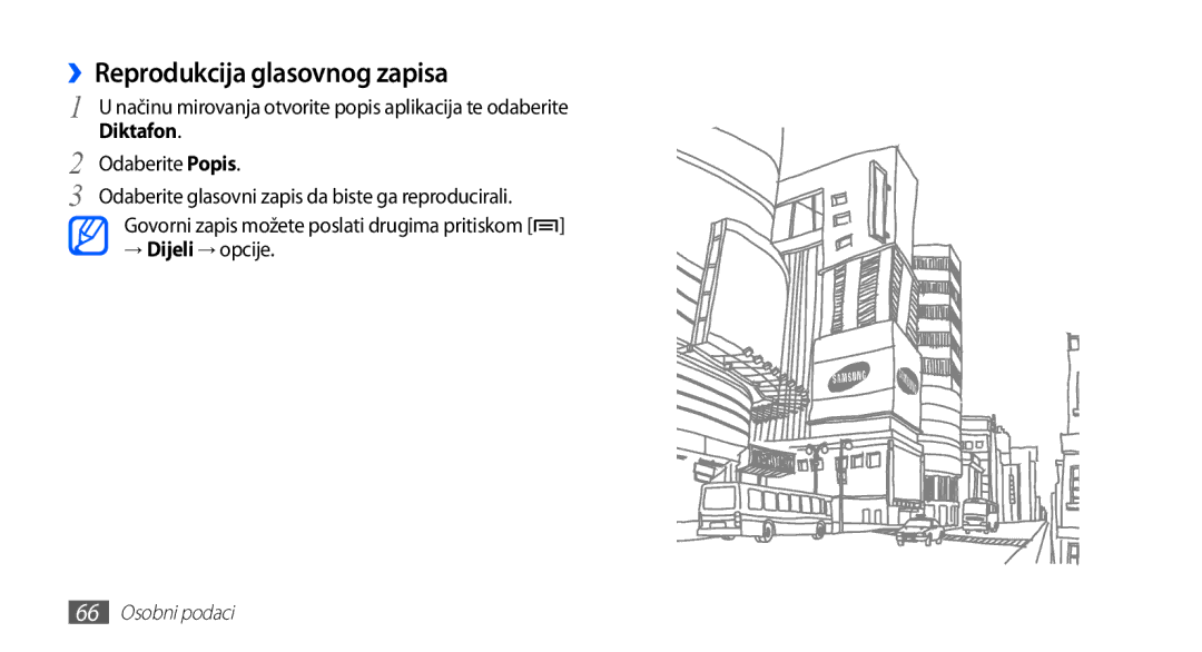 Samsung YP-G70EW/TRA, YP-G70CB/TRA, YP-G70EB/TRA manual ››Reprodukcija glasovnog zapisa, Odaberite Popis, → Dijeli → opcije 