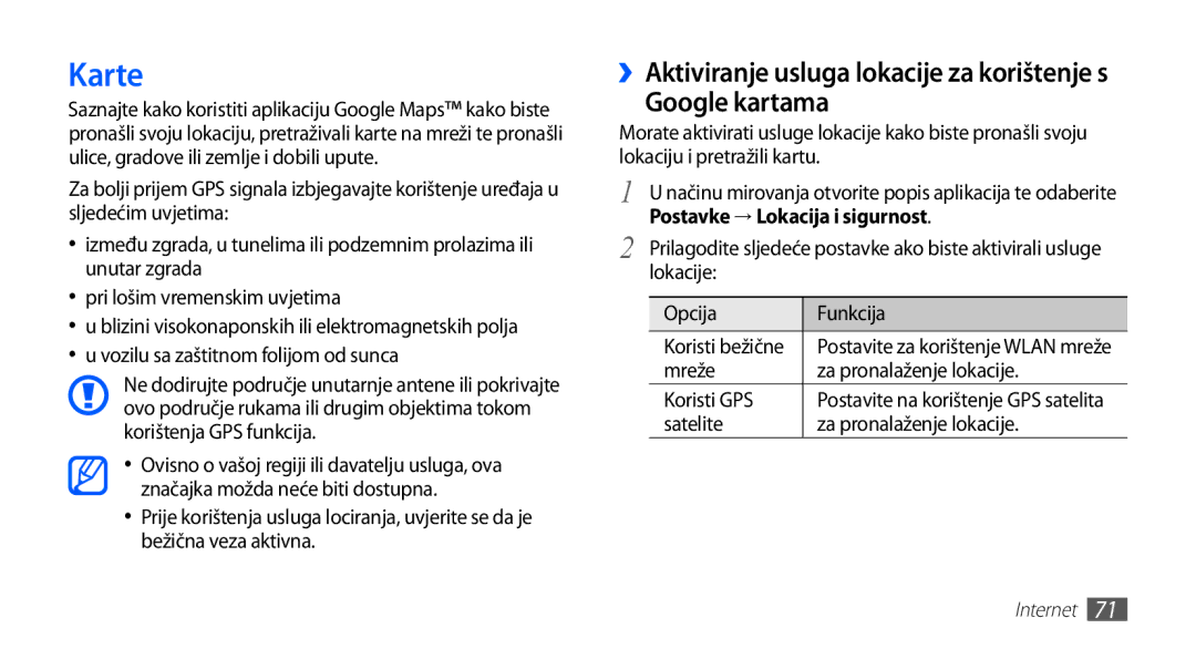 Samsung YP-G70CW/TRA Karte, Google kartama, ››Aktiviranje usluga lokacije za korištenje s, Postavke → Lokacija i sigurnost 