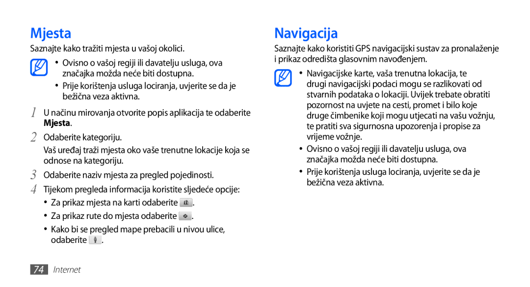 Samsung YP-G70EW/TRA, YP-G70CB/TRA, YP-G70EB/TRA manual Mjesta, Navigacija, Saznajte kako tražiti mjesta u vašoj okolici 