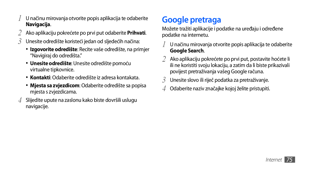 Samsung YP-G70CW/TRA, YP-G70CB/TRA, YP-G70EB/TRA, YP-G70EW/TRA manual Google pretraga, Navigacija 