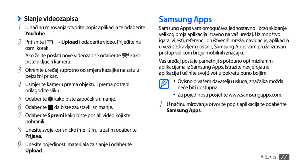 Samsung YP-G70EB/TRA, YP-G70CB/TRA, YP-G70EW/TRA, YP-G70CW/TRA manual Samsung Apps, ››Slanje videozapisa, Prijava, Upload 