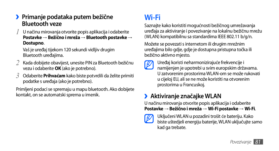 Samsung YP-G70EB/TRA manual Wi-Fi, ››Primanje podataka putem bežične Bluetooth veze, ››Aktiviranje značajke Wlan, Dostupno 