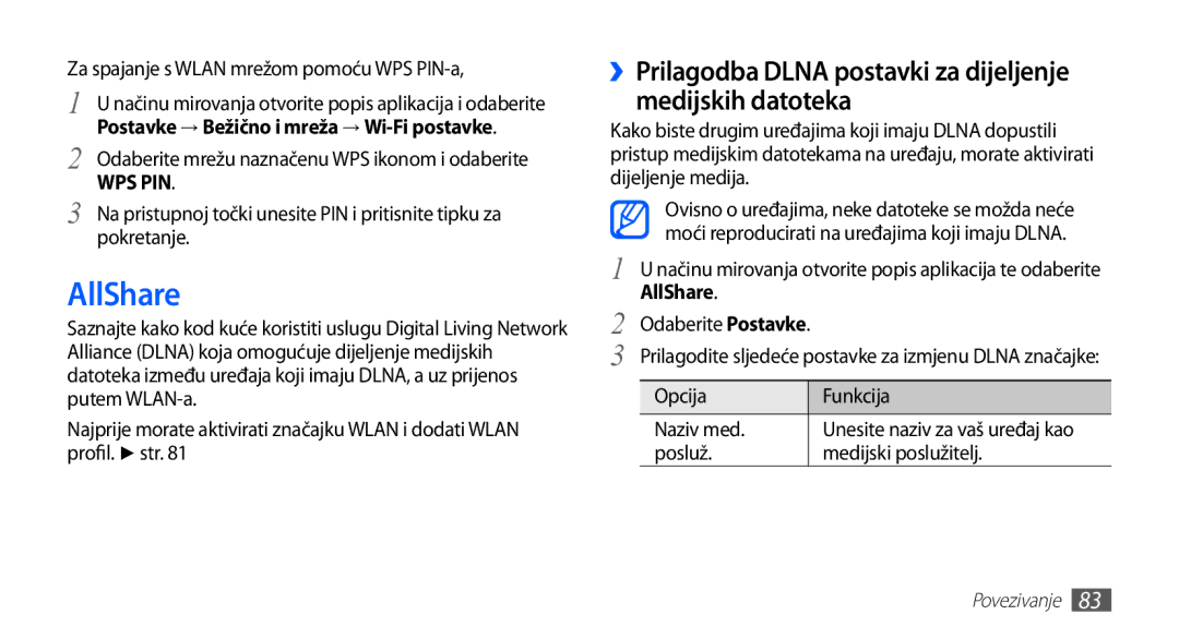 Samsung YP-G70CW/TRA, YP-G70CB/TRA, YP-G70EB/TRA manual AllShare, ››Prilagodba Dlna postavki za dijeljenje medijskih datoteka 