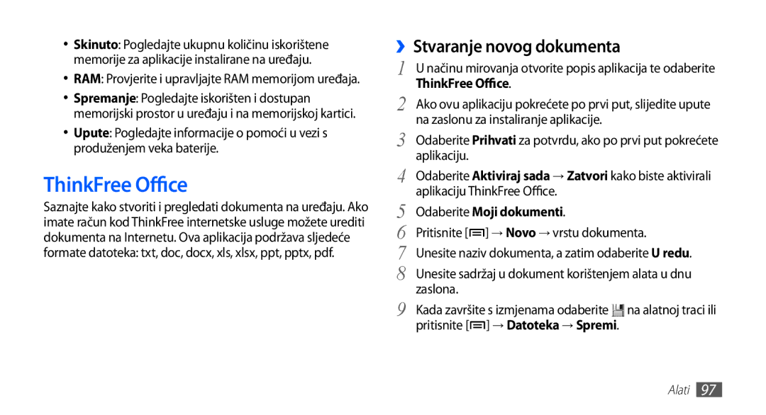 Samsung YP-G70EB/TRA, YP-G70CB/TRA, YP-G70EW/TRA ThinkFree Office, ››Stvaranje novog dokumenta, Odaberite Moji dokumenti 