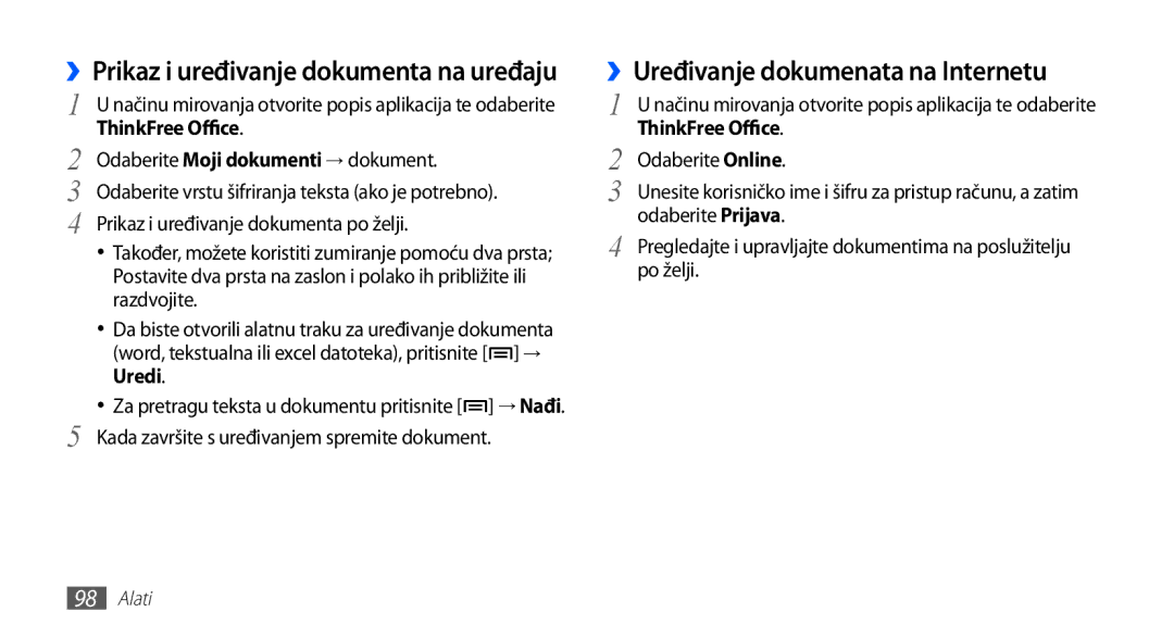 Samsung YP-G70EW/TRA, YP-G70CB/TRA manual ››Uređivanje dokumenata na Internetu, ››Prikaz i uređivanje dokumenta na uređaju 