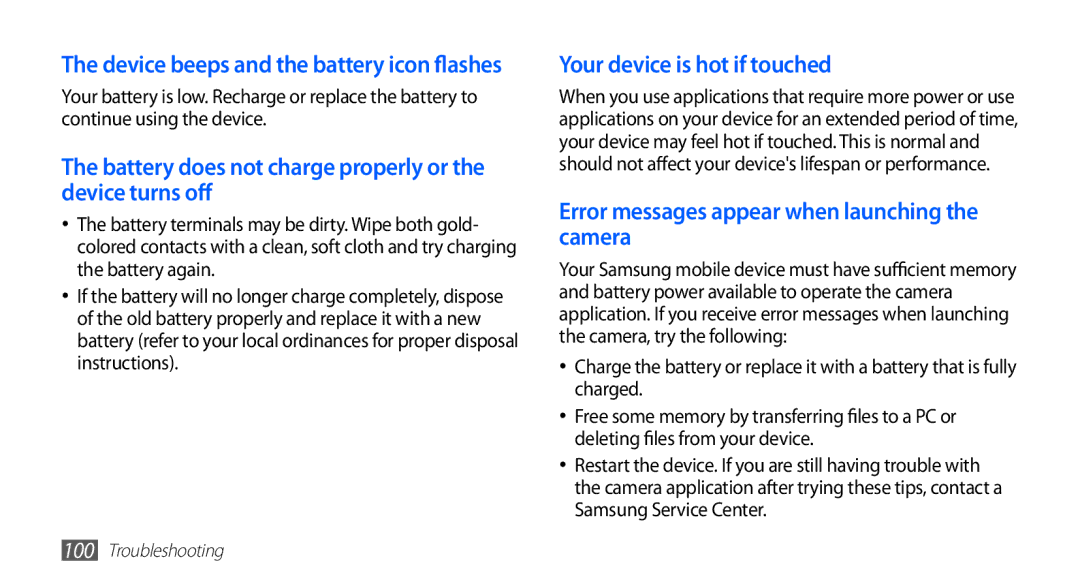 Samsung YP-G70CB/MEA, YP-G70CW/HAC Battery does not charge properly or the device turns off, Your device is hot if touched 