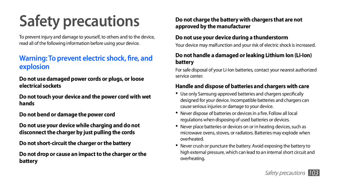 Samsung YP-G70CW/MEA, YP-G70CW/HAC, YP-G70CB/MEA Safety precautions, Handle and dispose of batteries and chargers with care 