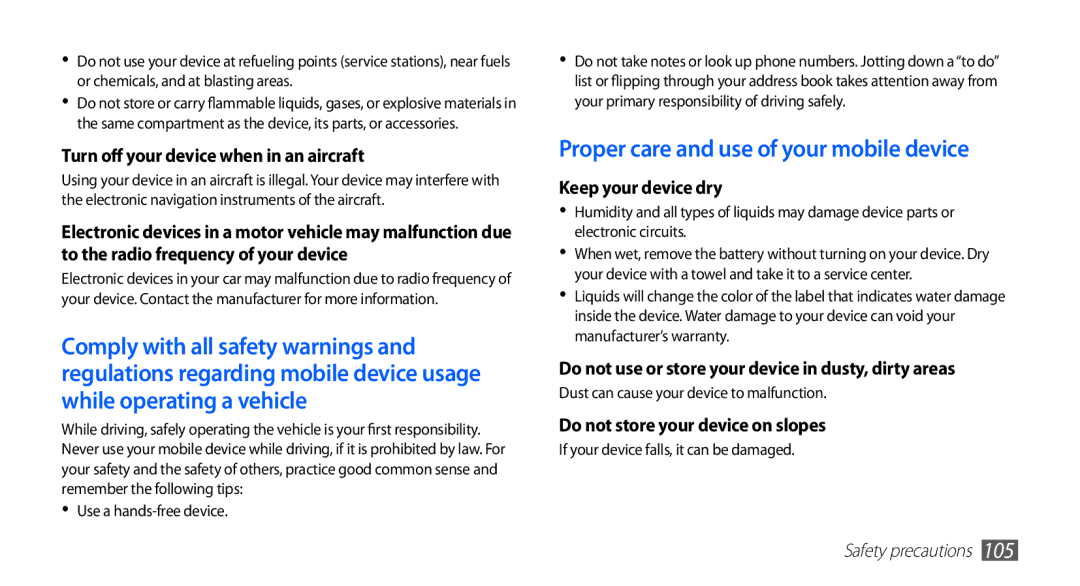 Samsung YP-G70CB/AAW, YP-G70CW/HAC Proper care and use of your mobile device, Turn off your device when in an aircraft 