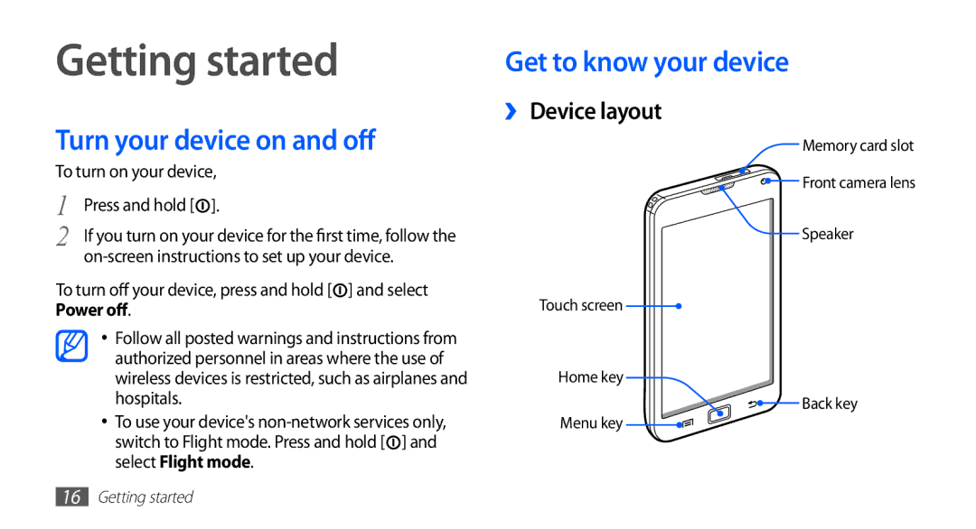 Samsung YP-G70CW/UMG, YP-G70CW/HAC Getting started, Turn your device on and off, Get to know your device, ›› Device layout 