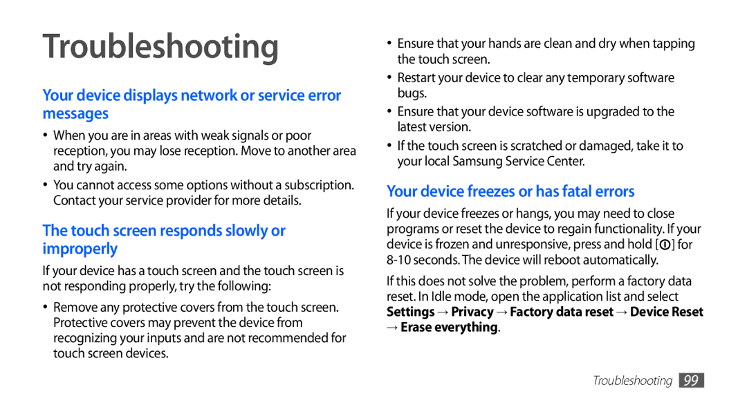 Samsung YP-G70CW/HAC manual Troubleshooting, Your device displays network or service error messages, → Erase everything 