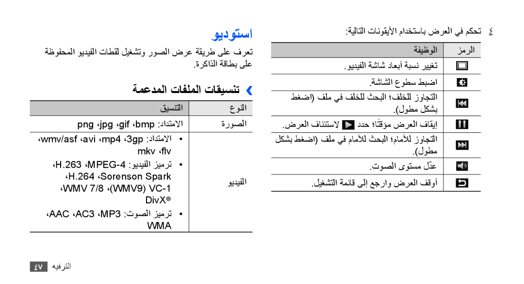 Samsung YP-G70EW/HAC, YP-G70CW/HAC, YP-G70CB/MEA, YP-G70EW/MEA, YP-G70CB/UMG, YP-G70CW/MEA ويدوتسا, ةمعدملا تافلملا تاقيسنت›› 