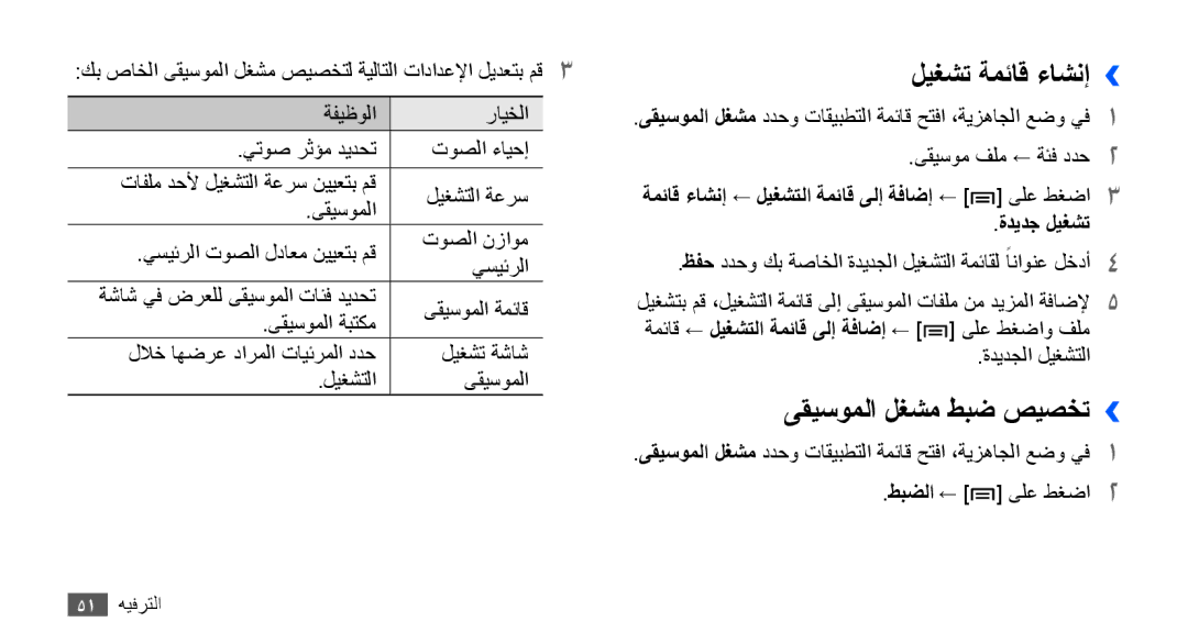 Samsung YP-G70CB/MEA, YP-G70CW/HAC, YP-G70EW/MEA, YP-G70CB/UMG, YP-G70CW/MEA ليغشت ةمئاق ءاشنإ››, ىقيسوملا لغشم طبض صيصخت›› 