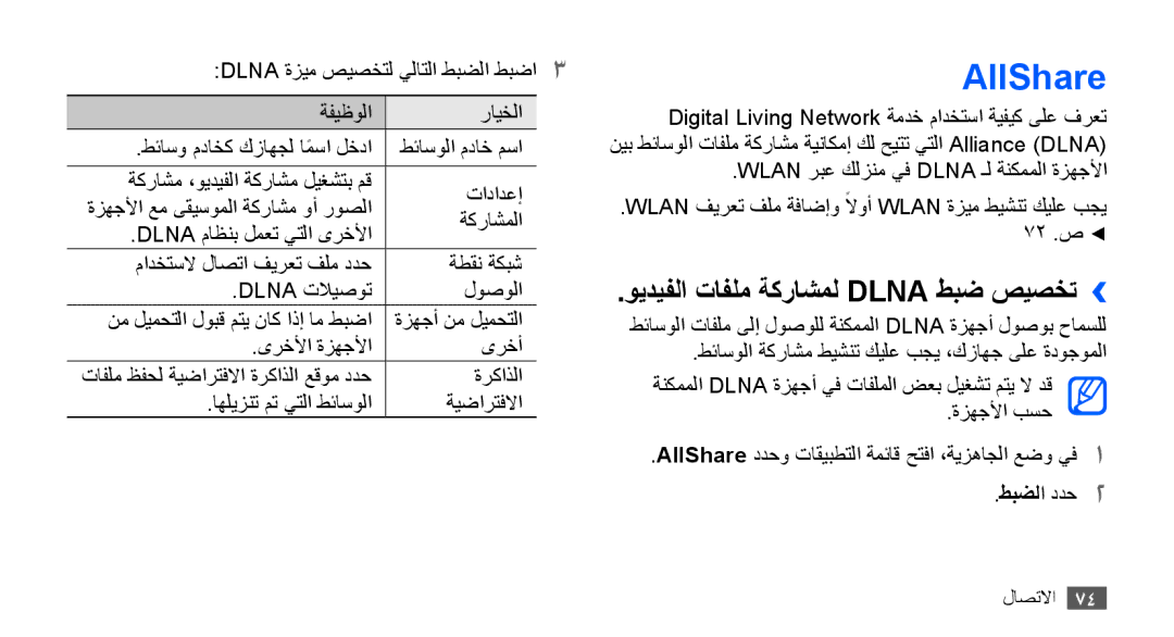 Samsung YP-G70CW/MEA, YP-G70CW/HAC, YP-G70CB/MEA, YP-G70EW/MEA AllShare, ويديفلا تافلم ةكراشمل Dlna طبض صيصخت››, طبضلا ددح2 