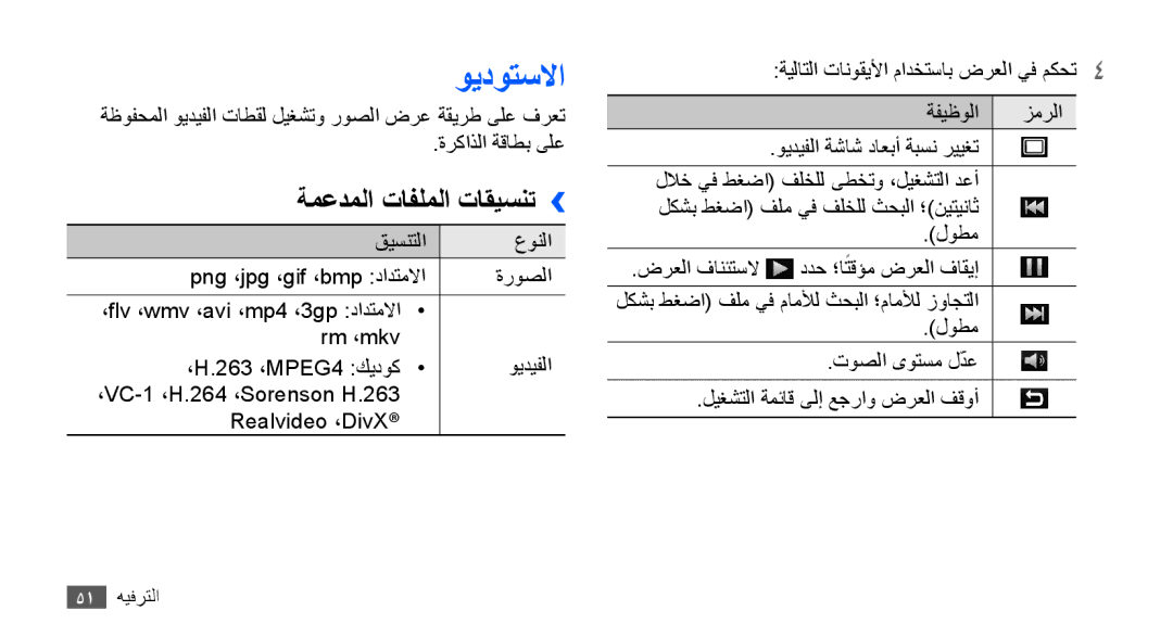 Samsung YP-G70CB/MEA, YP-G70CW/HAC, YP-G70EW/MEA, YP-G70CB/UMG, YP-G70CW/MEA manual ويدوتسلاا, ةمعدملا تافلملا تاقيسنت›› 