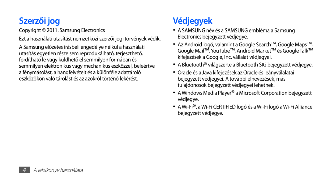 Samsung YP-G70CW/NEE, YP-G70CB/XEH, YP-G70CB/EDC, YP-G70CW/XEH Szerzői jog, Védjegyek, Copyright 2011. Samsung Electronics 