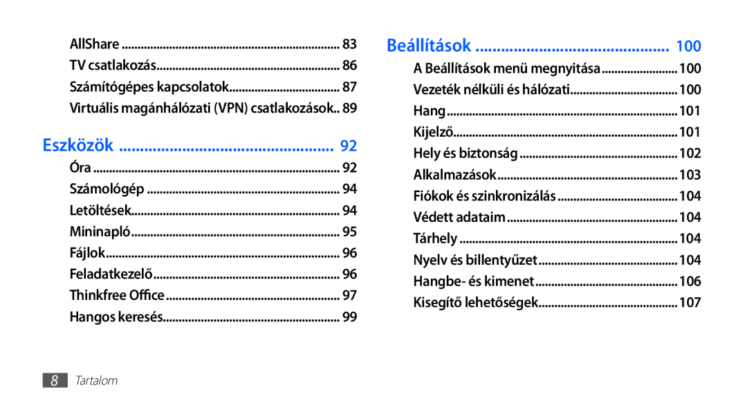 Samsung YP-G70CW/NEE, YP-G70CB/XEH, YP-G70CB/EDC, YP-G70CW/XEH manual Beállítások 