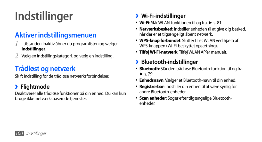 Samsung YP-G70CW/NEE manual Indstillinger, Aktiver indstillingsmenuen, Trådløst og netværk 