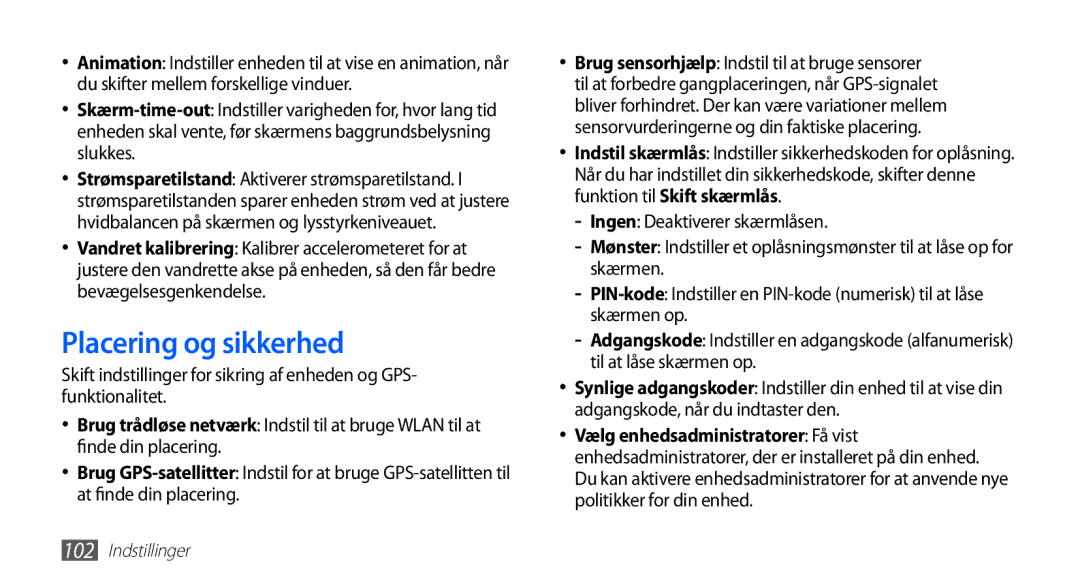 Samsung YP-G70CW/NEE manual Placering og sikkerhed 