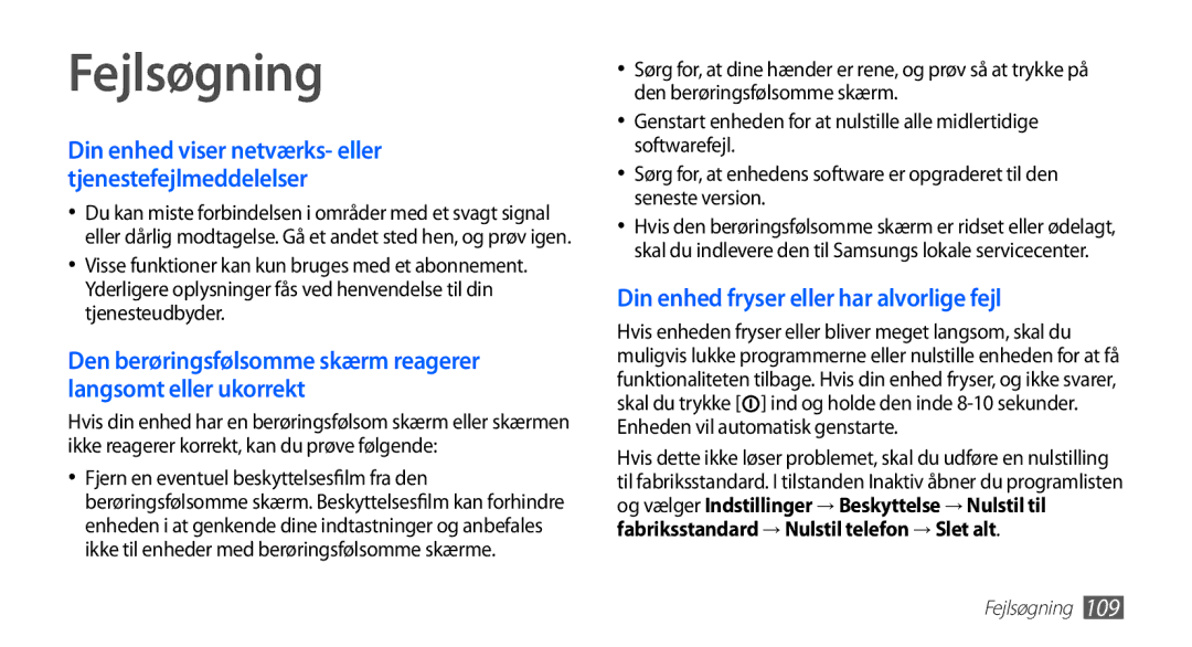 Samsung YP-G70CW/NEE manual Fejlsøgning, Din enhed viser netværks- eller tjenestefejlmeddelelser 