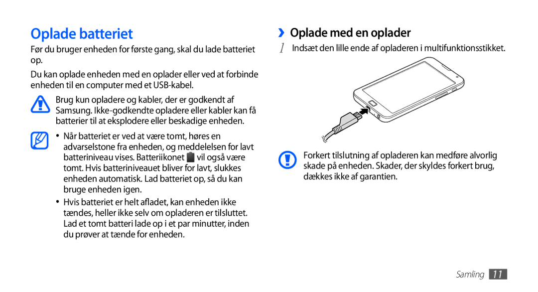 Samsung YP-G70CW/NEE manual Oplade batteriet, ››Oplade med en oplader 