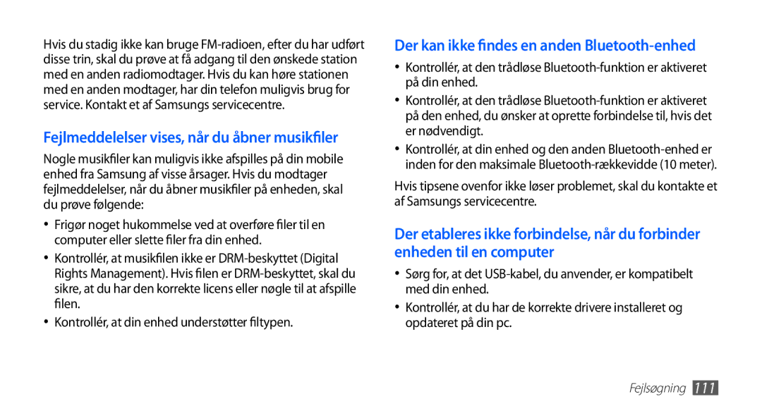 Samsung YP-G70CW/NEE manual Fejlmeddelelser vises, når du åbner musikfiler 