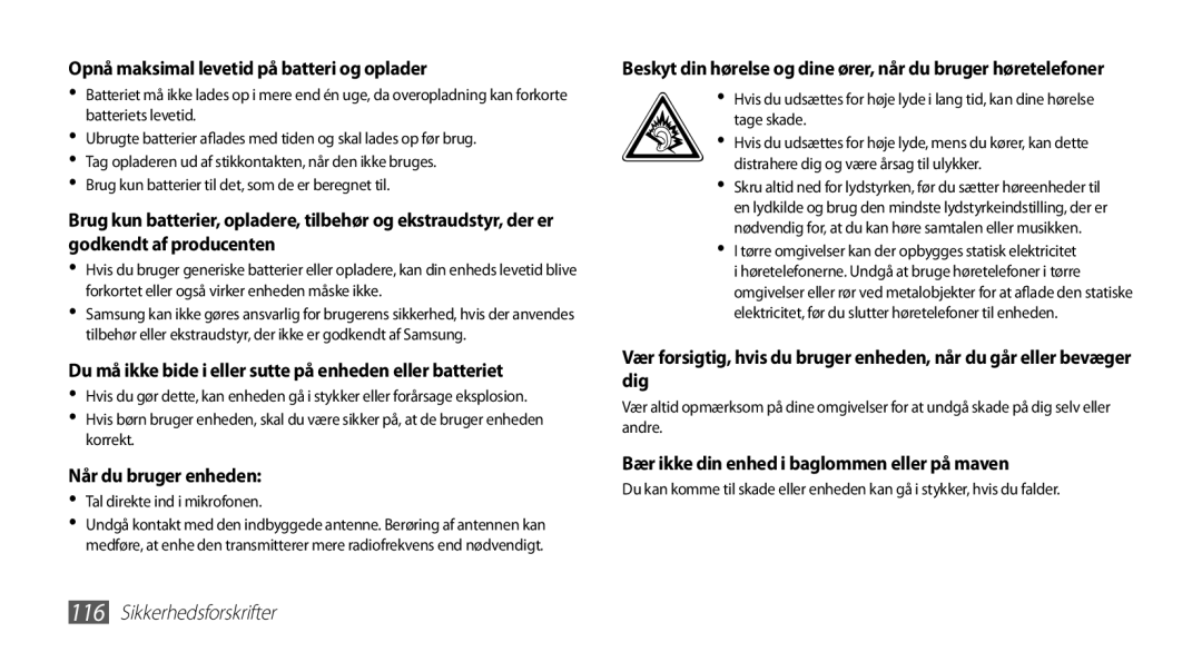 Samsung YP-G70CW/NEE manual Opnå maksimal levetid på batteri og oplader 