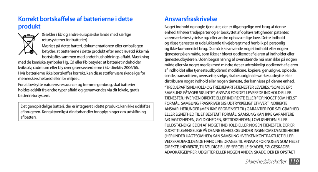 Samsung YP-G70CW/NEE manual Korrekt bortskaffelse af batterierne i dette produkt 