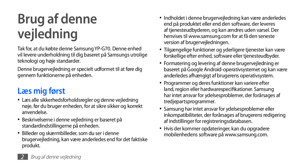 Samsung YP-G70CW/NEE manual Brug af denne vejledning, Læs mig først 