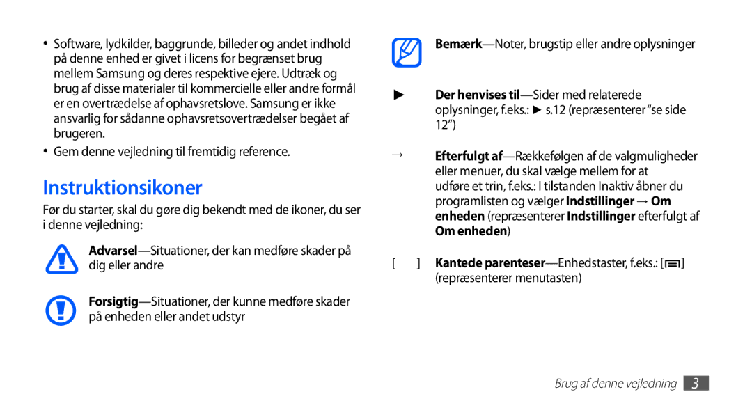 Samsung YP-G70CW/NEE manual Instruktionsikoner, Gem denne vejledning til fremtidig reference, Repræsenterer menutasten 