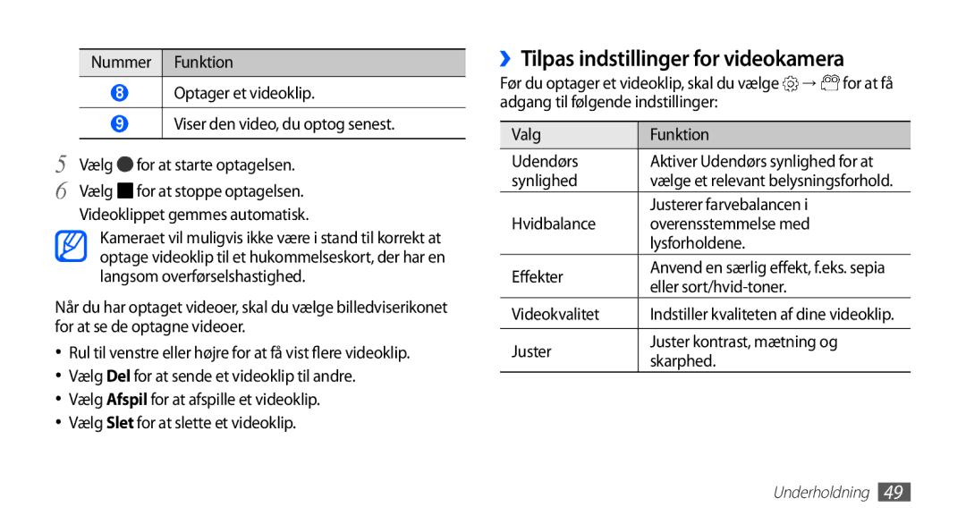 Samsung YP-G70CW/NEE manual ››Tilpas indstillinger for videokamera, Hvidbalance Overensstemmelse med Lysforholdene Effekter 