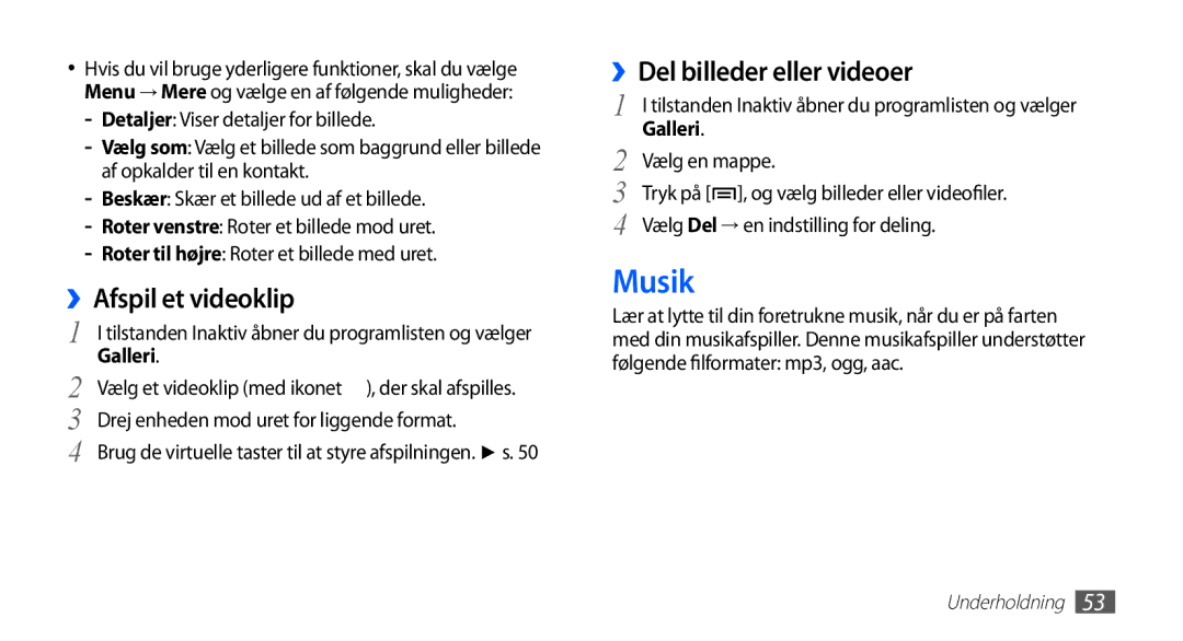 Samsung YP-G70CW/NEE manual Musik, ››Afspil et videoklip, ››Del billeder eller videoer, Detaljer Viser detaljer for billede 