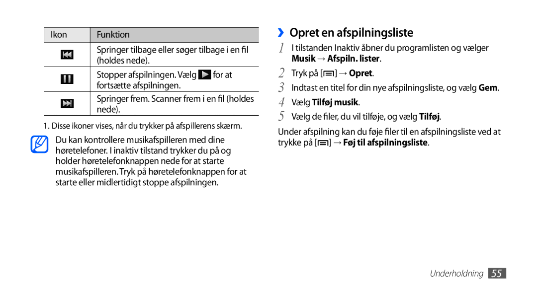 Samsung YP-G70CW/NEE manual ››Opret en afspilningsliste, Ikon Funktion, Musik → Afspiln. lister 