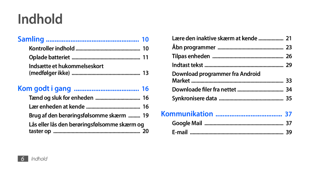 Samsung YP-G70CW/NEE manual Indhold, Download programmer fra Android 