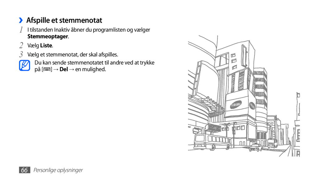 Samsung YP-G70CW/NEE manual ››Afspille et stemmenotat, Vælg Liste Vælg et stemmenotat, der skal afspilles 