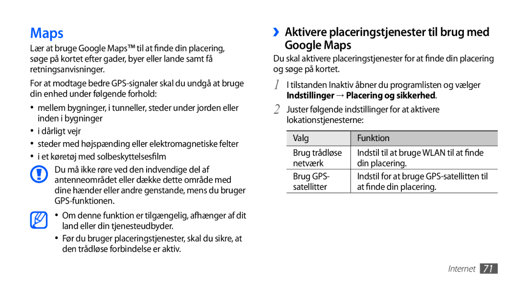 Samsung YP-G70CW/NEE Google Maps, ››Aktivere placeringstjenester til brug med, Indstillinger → Placering og sikkerhed 