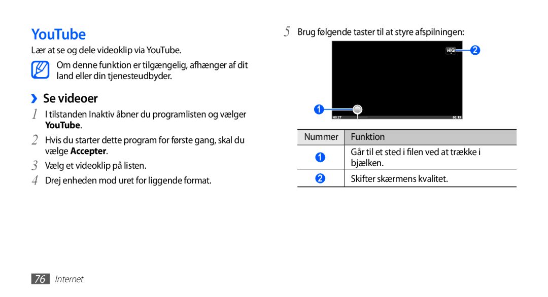 Samsung YP-G70CW/NEE manual YouTube, ››Se videoer, Vælge Accepter 