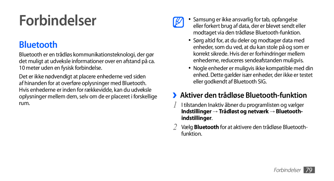 Samsung YP-G70CW/NEE manual Forbindelser, ››Aktiver den trådløse Bluetooth-funktion, Indstillinger, Funktion 