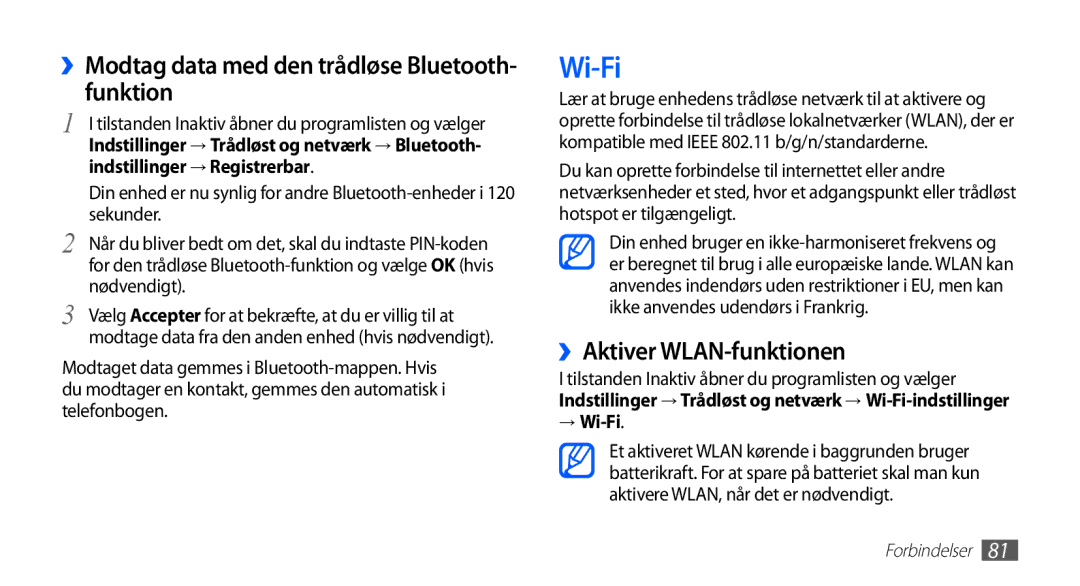 Samsung YP-G70CW/NEE manual Wi-Fi, Funktion, ››Aktiver WLAN-funktionen, ››Modtag data med den trådløse Bluetooth 