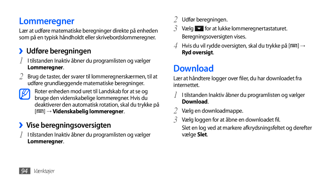 Samsung YP-G70CW/NEE manual Lommeregner, Download, ››Udføre beregningen, ››Vise beregningsoversigten 