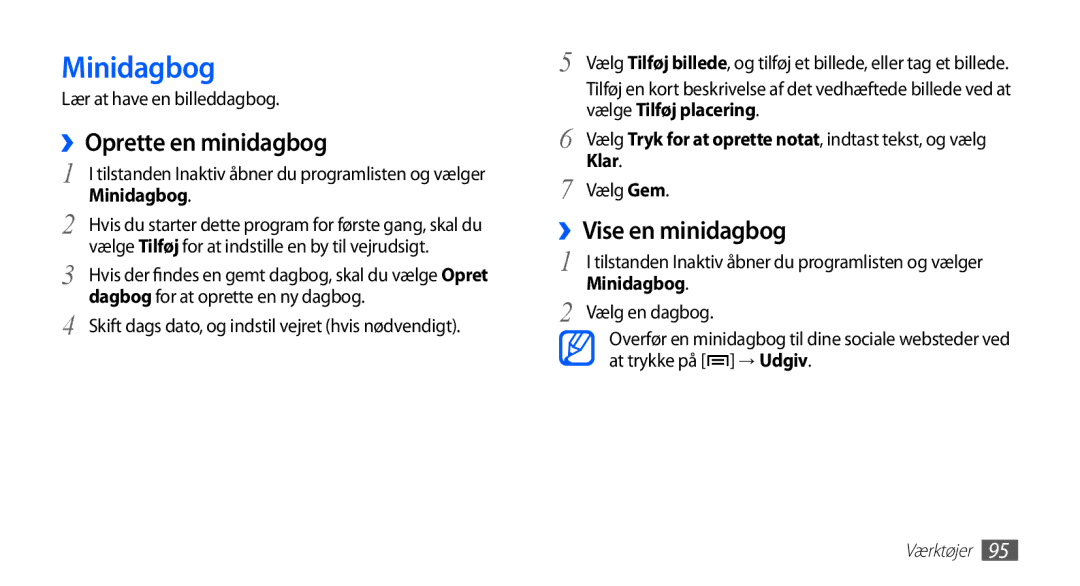 Samsung YP-G70CW/NEE manual Minidagbog, ››Oprette en minidagbog, ››Vise en minidagbog 