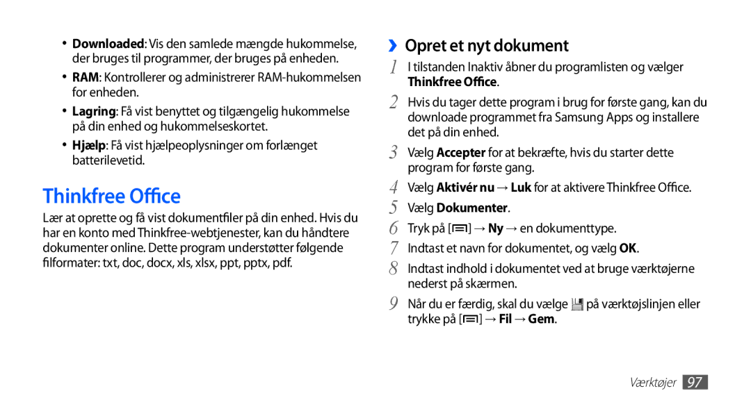 Samsung YP-G70CW/NEE manual Thinkfree Office, ››Opret et nyt dokument, Vælg Dokumenter 