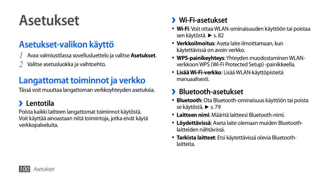 Samsung YP-G70CW/NEE manual Asetukset-valikon käyttö, Langattomat toiminnot ja verkko 