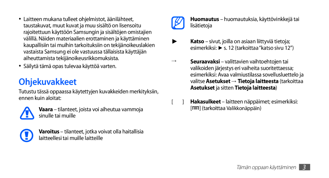 Samsung YP-G70CW/NEE manual Ohjekuvakkeet, Säilytä tämä opas tulevaa käyttöä varten, Tarkoittaa Valikkonäppäin 