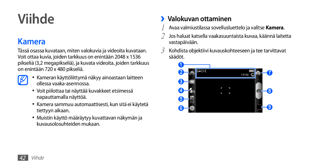 Samsung YP-G70CW/NEE manual Viihde, Kamera, ››Valokuvan ottaminen 