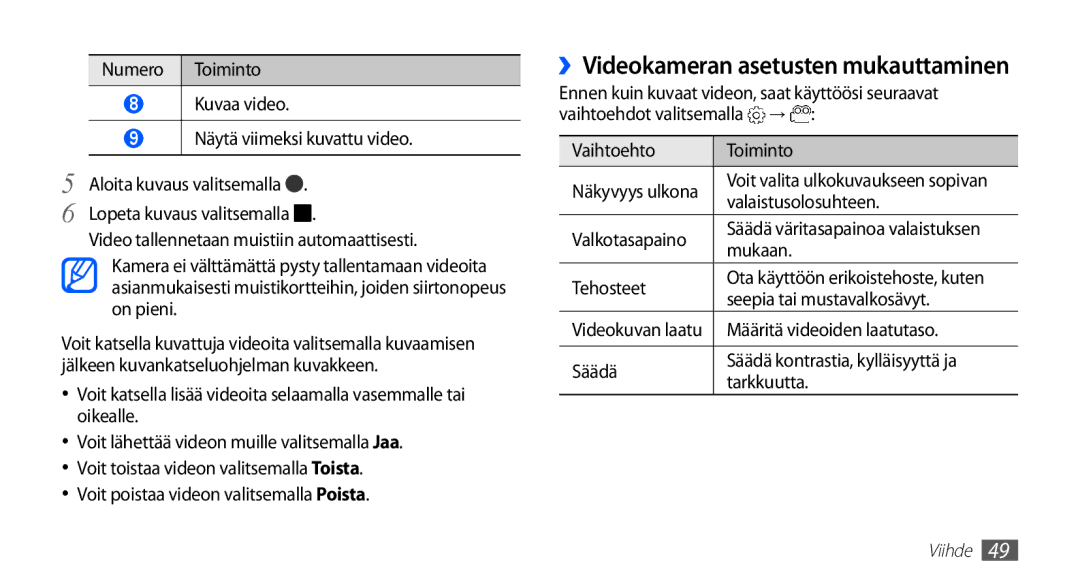 Samsung YP-G70CW/NEE manual ››Videokameran asetusten mukauttaminen, Määritä videoiden laatutaso 