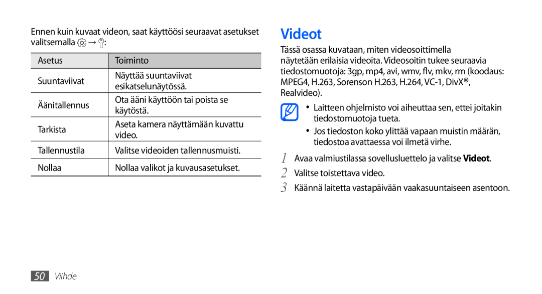 Samsung YP-G70CW/NEE manual Videot, Valitse toistettava video 