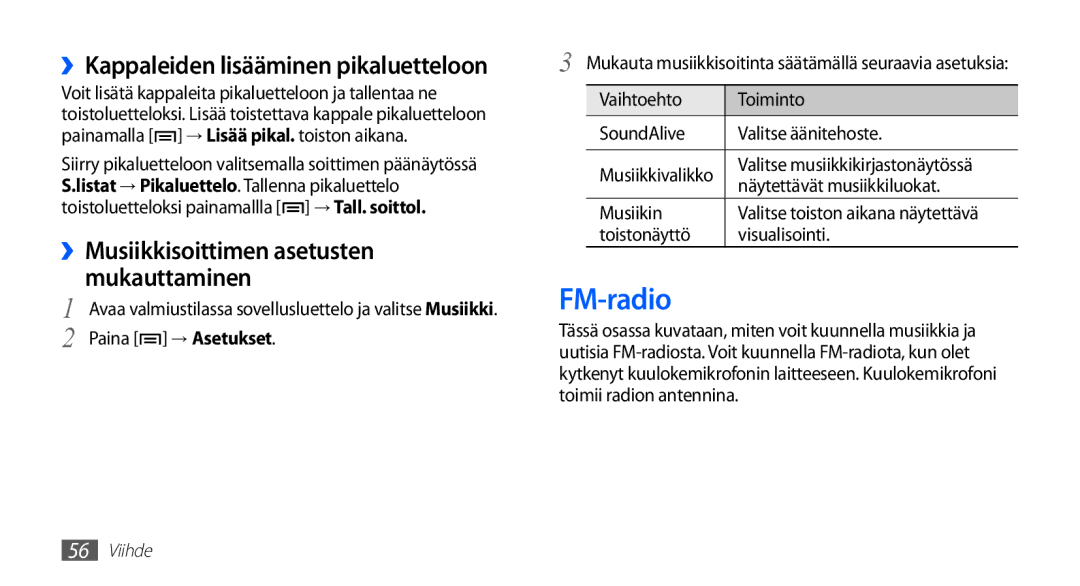 Samsung YP-G70CW/NEE manual FM-radio, ››Kappaleiden lisääminen pikaluetteloon 