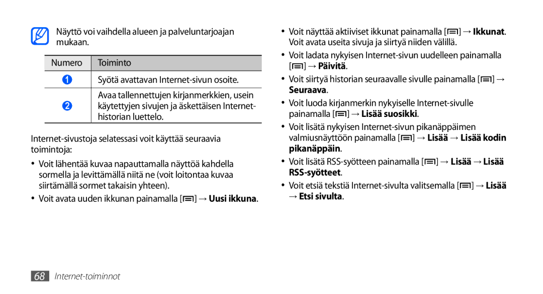 Samsung YP-G70CW/NEE manual → Päivitä, Pikanäppäin, RSS-syötteet, → Etsi sivulta 