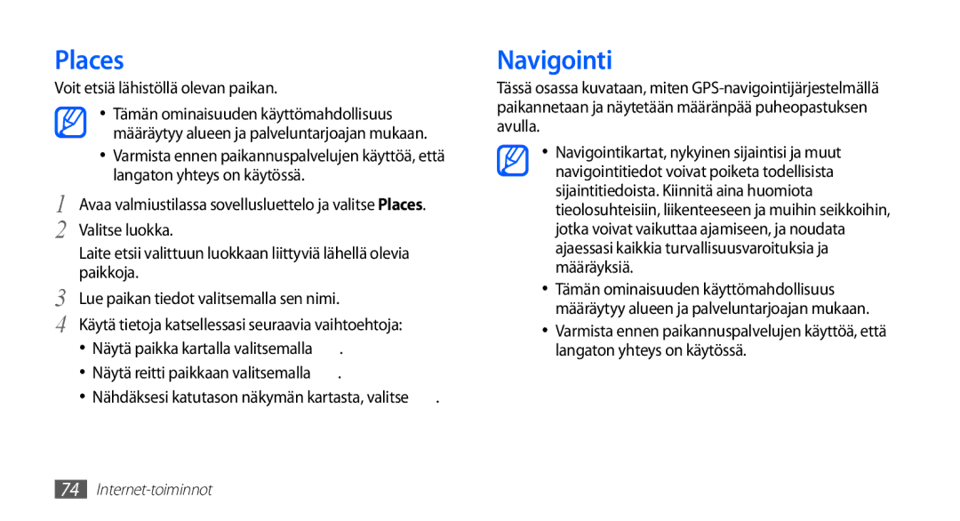 Samsung YP-G70CW/NEE manual Places, Navigointi, Voit etsiä lähistöllä olevan paikan, Valitse luokka 